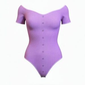 Marci Lavender Ribbed Off-Shoulder Bodysuit XL Juniors Stretch Button Front Top